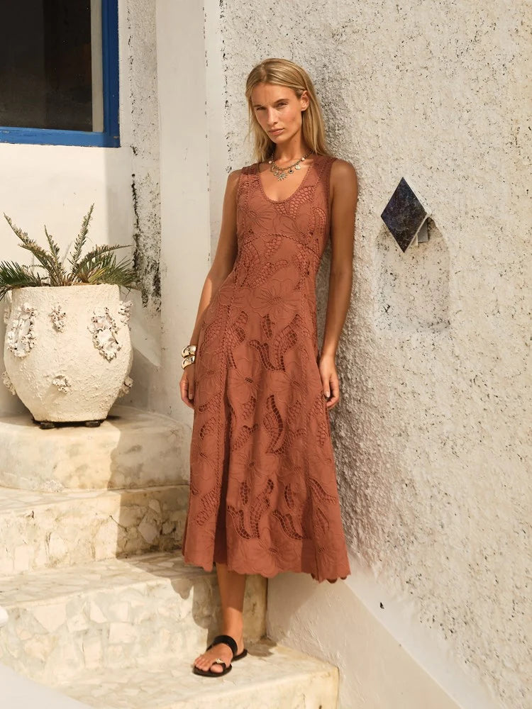 Alessia Lace Midi Dress - Red Clay
