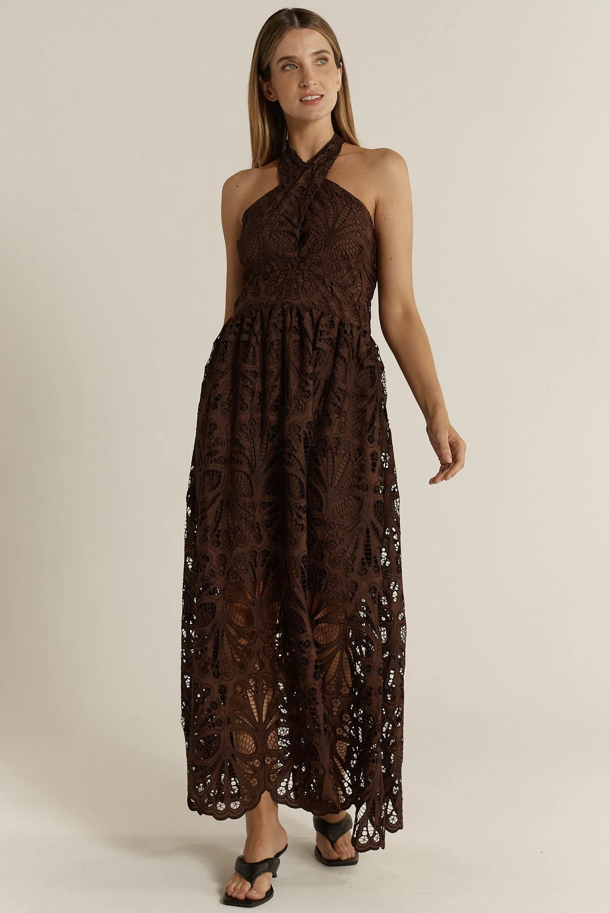 Elara Broderie Dress - Chocolate