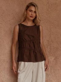 Elin Gathered Tie Top - White & Chocolate