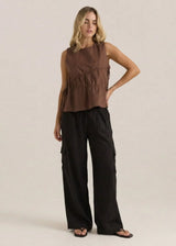 Elin Gathered Tie Top - White & Chocolate
