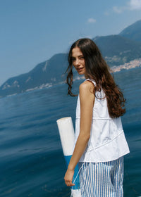 Elin Gathered Tie Top - White & Chocolate