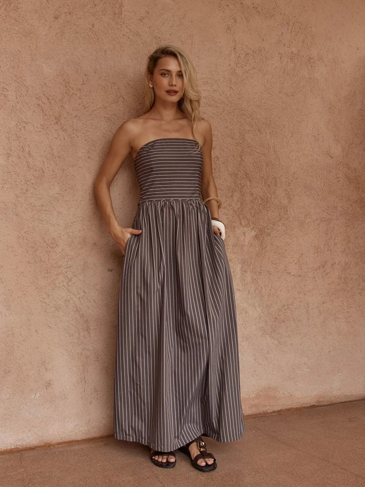 Everley Strapless Dress - Choc Stripe