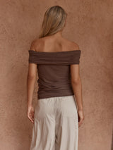 Jordan Off Shoulder Top - Chocolate & Burnt Pink