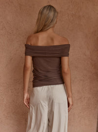 Jordan Off Shoulder Top - Chocolate & Burnt Pink