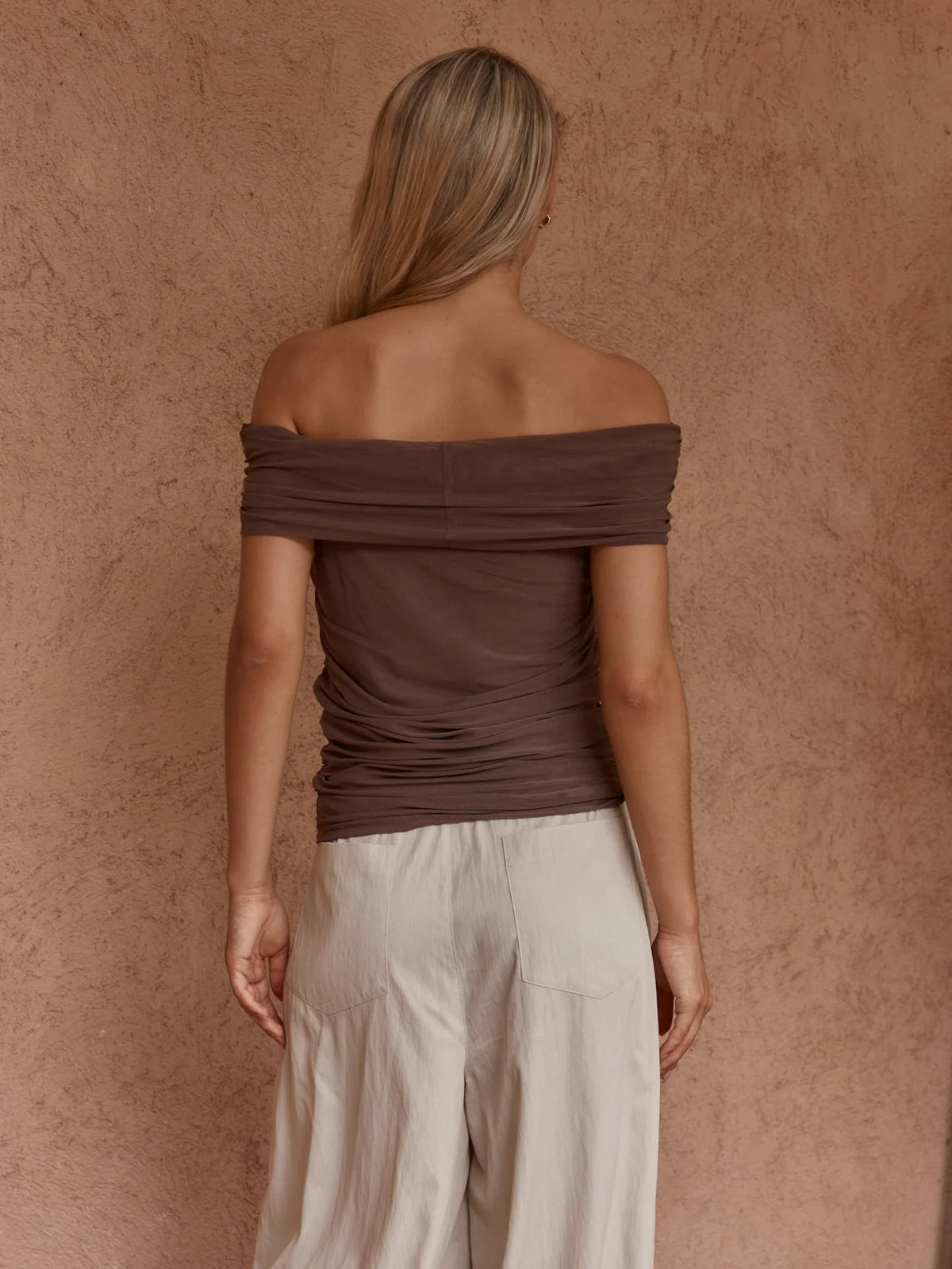 Jordan Off Shoulder Top - Chocolate & Burnt Pink