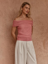 Jordan Off Shoulder Top - Chocolate & Burnt Pink