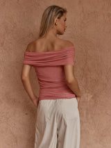 Jordan Off Shoulder Top - Chocolate & Burnt Pink