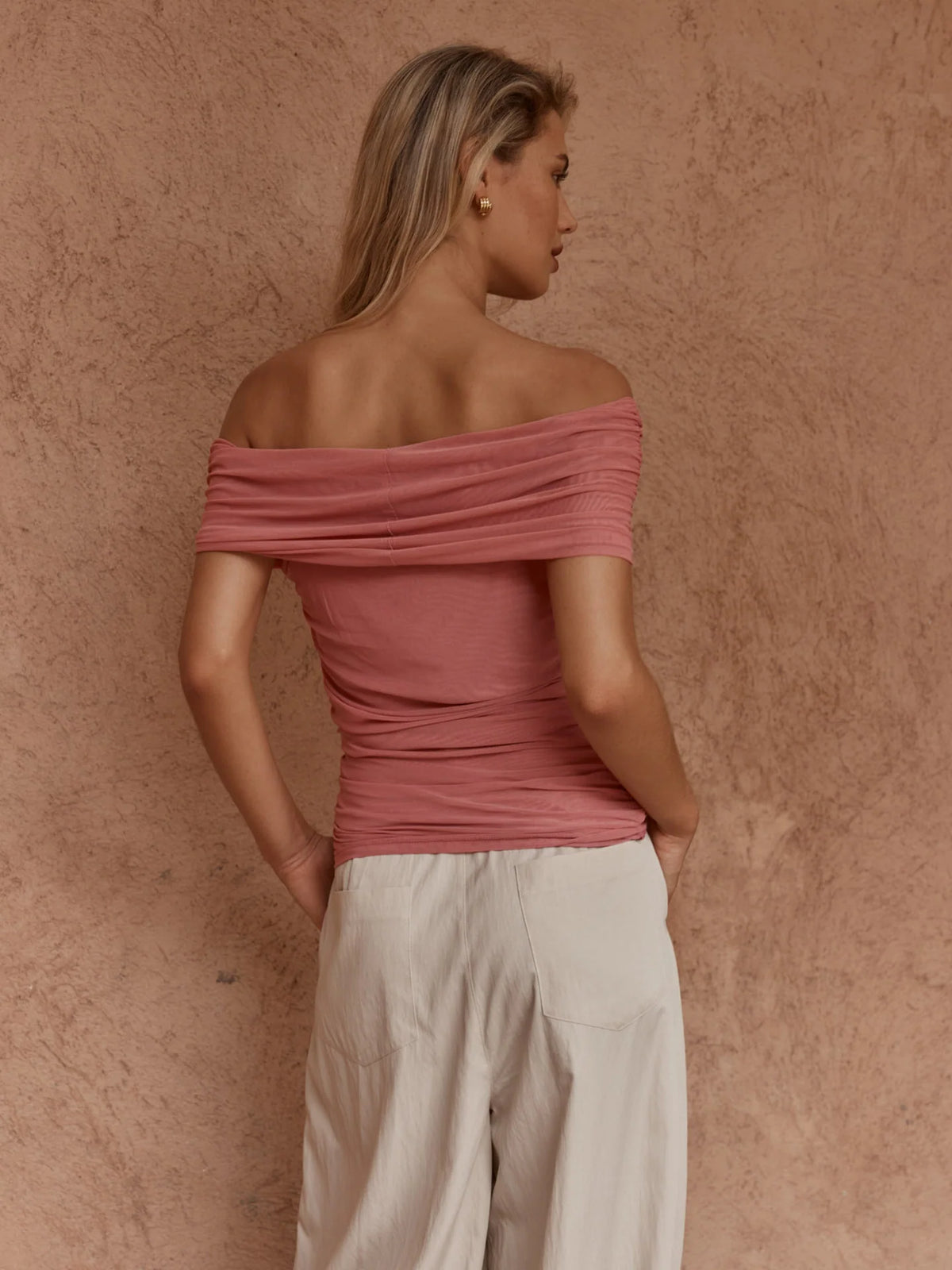 Jordan Off Shoulder Top - Chocolate & Burnt Pink