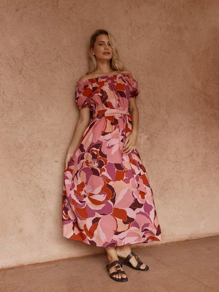 Jo Off Shoulder Dress - Peony Print