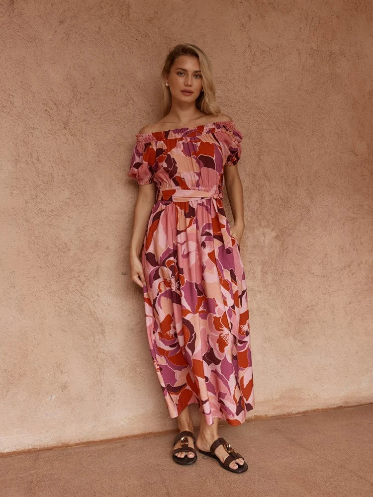 Jo Off Shoulder Dress - Peony Print
